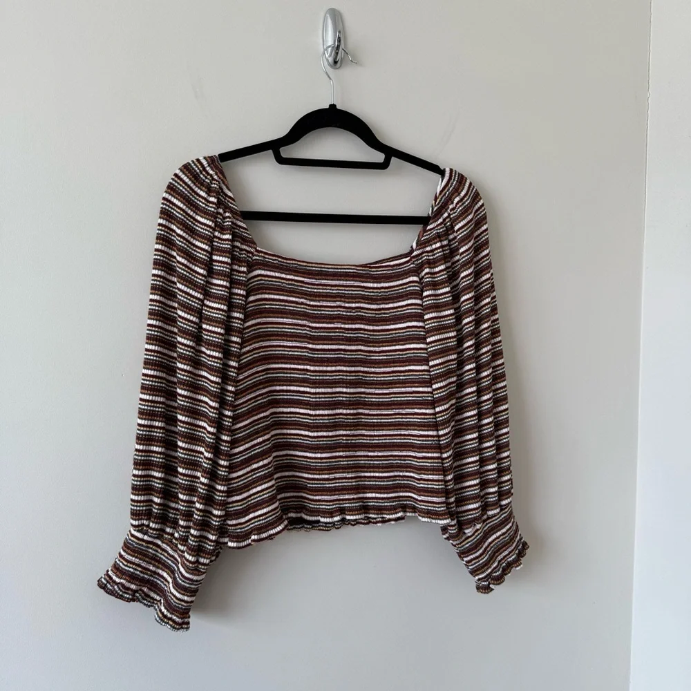 Anthropology- Smocked Puff-Sleeved Striped Knit Top (Size:Large) - Picture 3 of 10